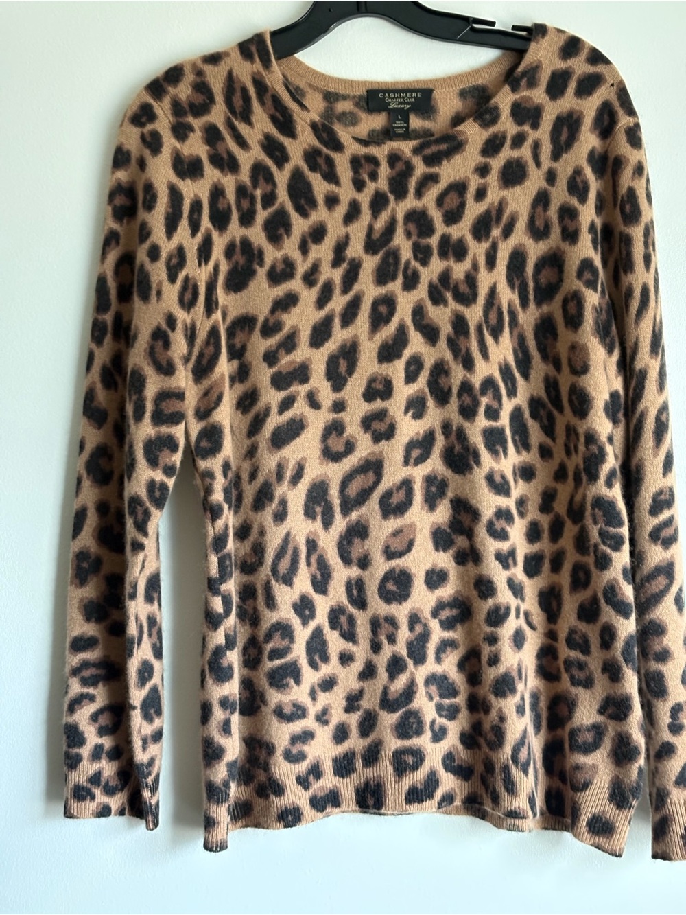 Leopard Print Cashmere Crewneck Sweater in Tan and Black by Charter Club